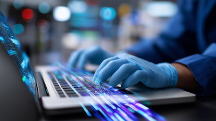 Scientist or technician wearing gloves typing on a laptop with digital data streams representing futuristic technology.
