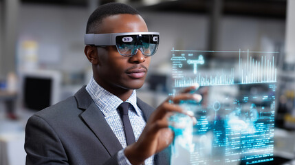 Business professional using augmented reality smart glasses to interact with a futuristic holographic data interface.
