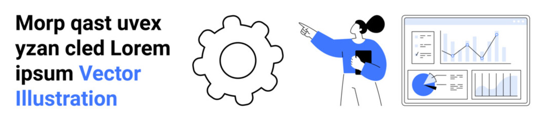 Businesswoman pointing at charts and graphs with a clipboard, next to a gear icon signifying workflow. Ideal for business strategy, teamwork, productivity, education, analytics, management, simple