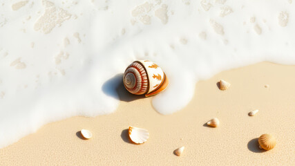 Realistic tropical beach set with seashells, starfish, sea foam, and golden sand under natural light. Ideal for summer, wellness, travel, and relaxation themes.