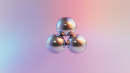 Fototapeta premium Three reflective metallic spheres connected in a triangular arrangement on a soft gradient pastel background. 