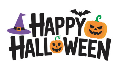  Happy Halloween Typography with Bats and Pumpkin, Typography Happy Halloween vector and Halloween elements with white background