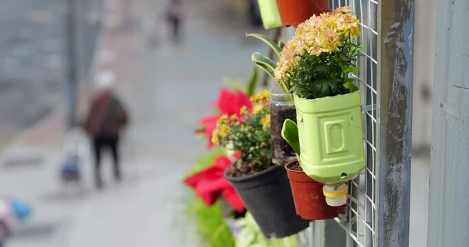 Colorful plants growing in recycled plastic bottles used as flower pots, hanging on metal grid of street stairway. Selective focus highlights greenery, with blurred pedestrians walking on sidewalk