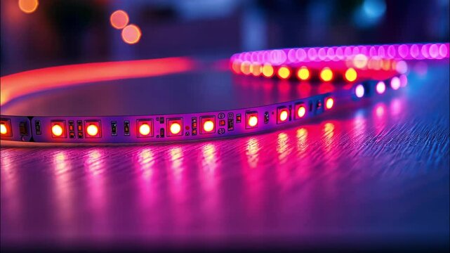 Glowing LED strip lights in purple-pink ambiance