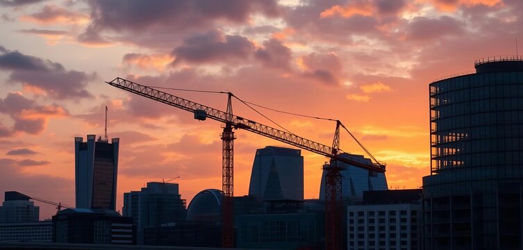 Tower crane silhouetted against London skyscrapers during construction, skyline, london - Powered by Adobe
