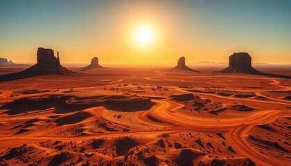 Vast, ochre plains stretch under a triple sun, strange rock formations dotting the horizon, yellow planet, horizon