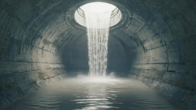 Subterranean Flow: Gentle Waterfall Inside Sewer Tunnel