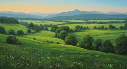 Obraz premium Rolling Green Hills Landscape with Distant Mountains and Wildflowers