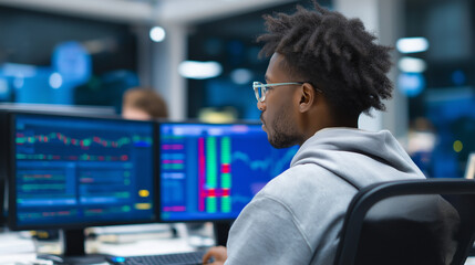 Trader looking at real-time financial data and graphs on multi-screen workstation in dark office.  
