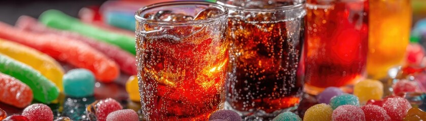 Colorful calories contain unhealthy sugar, soda, and salt concept. Refreshing beverages served with colorful candies and treats.