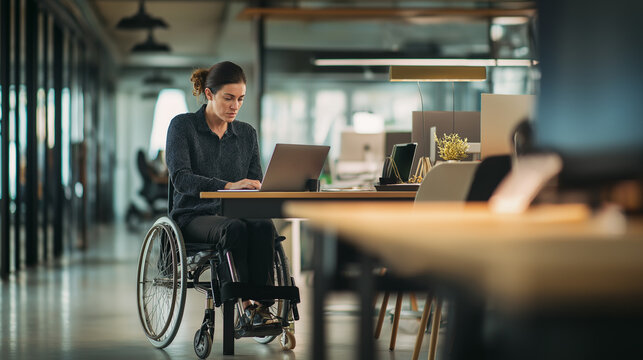 Focused woman in a wheelchair working on a laptop in a modern open-plan office.
