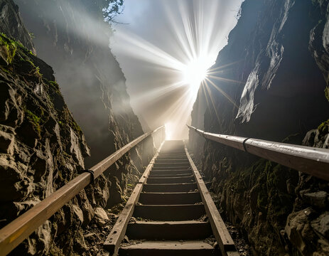Sunlit Stairway to Heaven Ascending a Misty Mountain Gorge