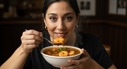 Woman Eating Seafood Gumbo
