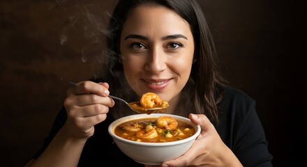 Woman Eating Shrimp Soup