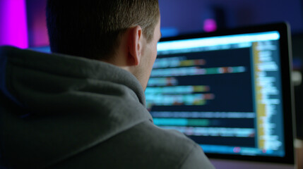 Rear view of a person in a hoodie coding at a computer screen filled with colorful programming text.
