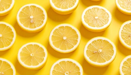 Fototapeta premium Yellow lemon slices form a fresh, seamless citrus pattern on white