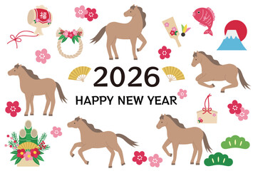 2026年午年の年賀状テンプレート。馬、かわいい、縁起物、ベクター、うま