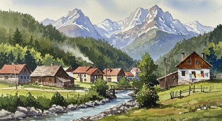 Fototapeta premium Mountain Village Watercolor Painting with River and Forest View