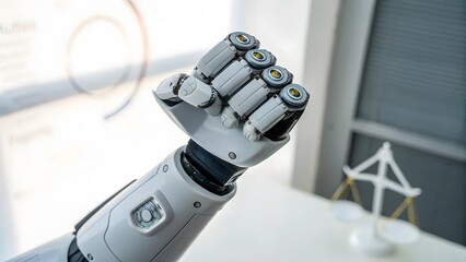 A robotic hand clenched in a fist, a symbol of power and technological advancement, stands against a blurred backdrop of scales of justice. The image evokes themes of AI and the future.