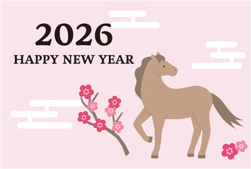 2026年午年の年賀状テンプレート。馬、かわいい、縁起物、ベクター、うま