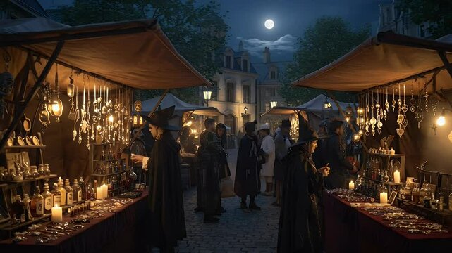 A bustling night market under a full moon, featuring vendors selling potions and trinkets, with townsfolk engaging in lively conversation