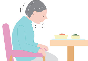 食事中に居眠りするシニア女性のベクターイラスト
