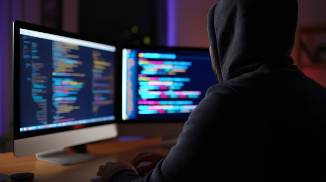Person in hoodie programming on dual monitors in a dark room with colorful code on screens.
 - Powered by Adobe