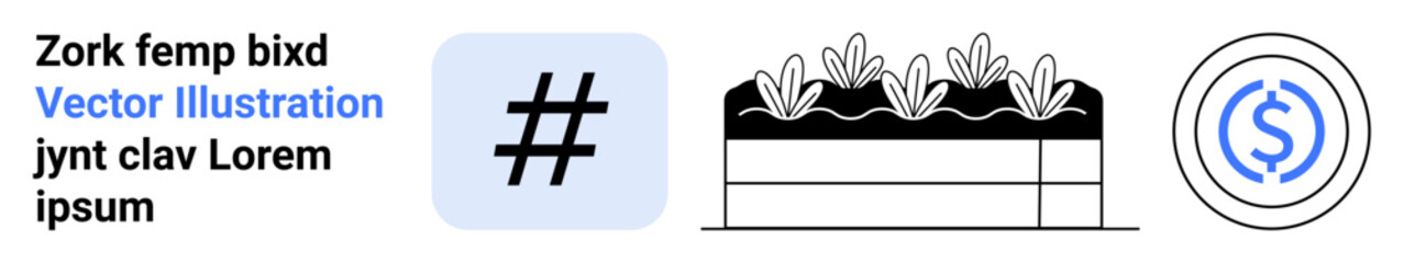 metadata tag in a blue square, outlined garden bed with plants, and blue dollar sign in circular border. Ideal for social media, gardening, finance, minimalism, branding, eco-business simple landing