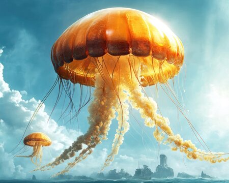 Large jellyfish in the sky above the ocean