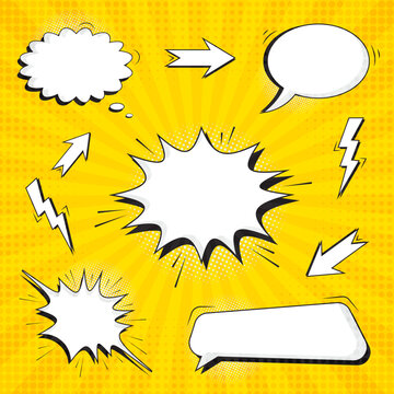 Blank comic speech bubbles on comic book abstract yellow background. Comic effect shape with pop art style