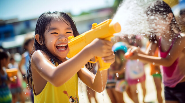 Songkran Festival, Water Festival, Smiling children enjoy diverse leisure activities, from playing in parks and pools to splashing at the beach