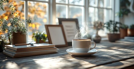 Steaming Coffee Cup Mockup on Rustic Table with Books and Plants

