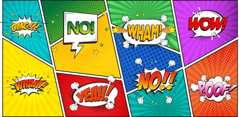 Comic book speech bubble. Colorful comic background in pop art style. Cartoon explosions funny comical speech clouds, comics words, thinking bubbles and graphic conversation text elements © Accountanz