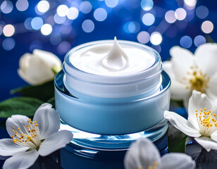 Night Cream Jar Detailed Close-up of Luxurious Moisturizer with Jasmine Blossoms