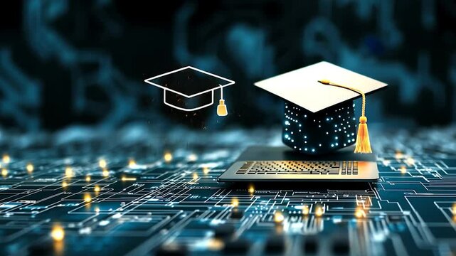 Online Education: Graduation Cap on Laptop, Digital Learning