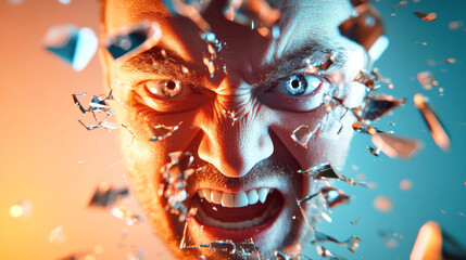 Unleashing Fury: A portrait capturing a person's raw, unrestrained rage with shards bursting around the face. The moment is emphasized by dramatic lighting.