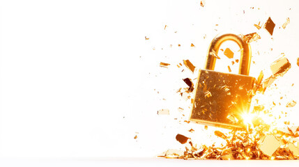 Shattered Security: A golden padlock is dramatically exploding into fragments. A powerful symbol of security breach, cyber vulnerability, and the fragility of digital safety.