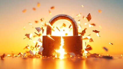 Shattered Lock: An image of a lock shattering, with fragments flying outwards against an orange sky. A symbolic representation of broken security, vulnerability, or freedom.
