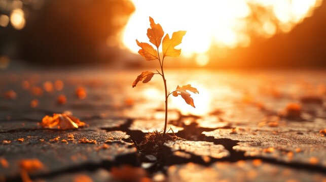 Emergence: A resilient sapling pushing through cracks, symbolizing growth and hope, basks in the radiant embrace of a sunburst background, a testament to nature's strength.