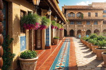 decorative stone terrace walkway in old Spanish Moorish style building