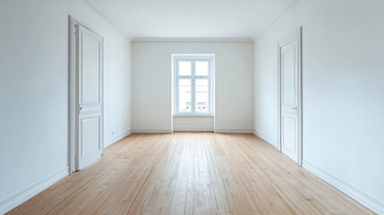 A spacious, well-lit room with white walls and hardwood floors, featuring a large window with a white frame and a white door on the left side.