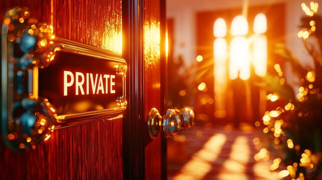 Private Door: Glimpse into exclusivity as a polished brass plaque with the word "PRIVATE" adorns a richly hued wooden door, bathed in the warm glow of light filtering from within.