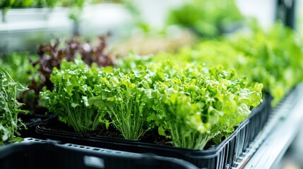 A variety of fresh, green leafy vegetables in a greenhouse, with a focus on lettuce and other leafy greens.