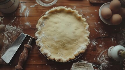 A top down view of a pie crust in a glass dish on a wooden table with eggs and baking utensils