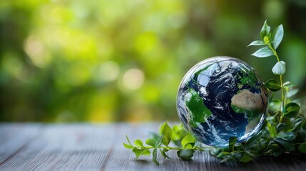 A globe with green leaves and a blue sky in the background.