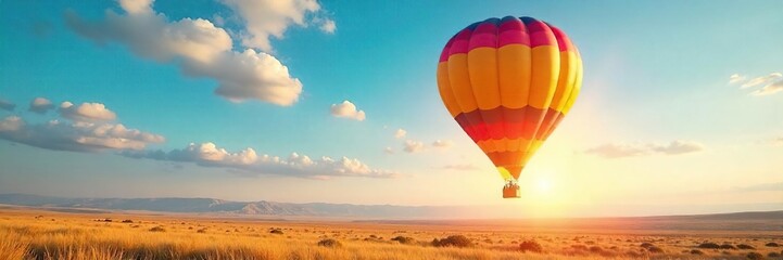 Fototapeta premium A vibrant, colorful hot air balloon floats freely in a vast, open sky, untethered and soaring effortlessly The sun shines brightly, illuminating the balloon's fabric , up, bright, light