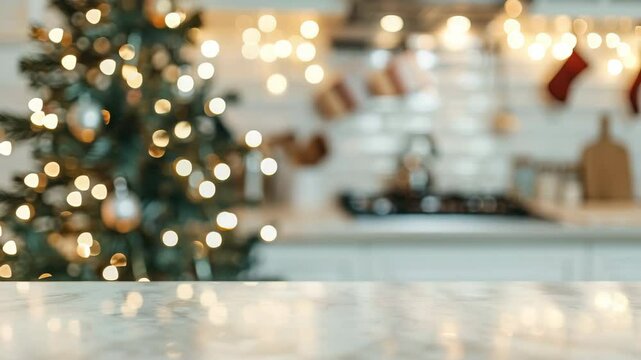 A festive holiday scene featuring a blurred Christmas tree with golden lights, ornaments, and a marble countertop in a bright kitchen setting, complete with stockings, providing a holiday atmosphere.