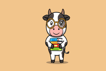 A cow sitting cross-legged and reading a big storybook with excitement in its eyes