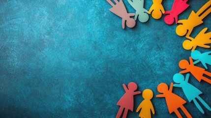A colorful paper cutout of a family with a blue background
