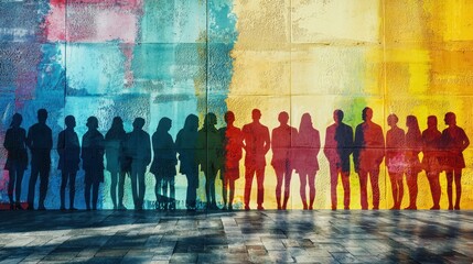 A colorful mural of people silhouetted against a vibrant, abstract background